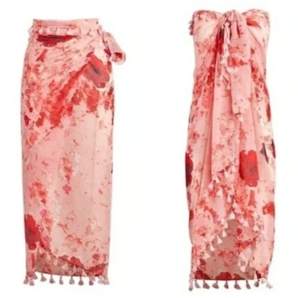 Floral Sarong Beach Wrap Cover Up Pink Red Tassel Trim Resort Wear